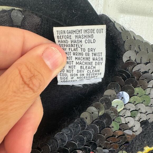 Vintage 80s black Bejeweled sequin Balloon Sleeve Wool Angora cozy Sweater large - Picture 5 of 6